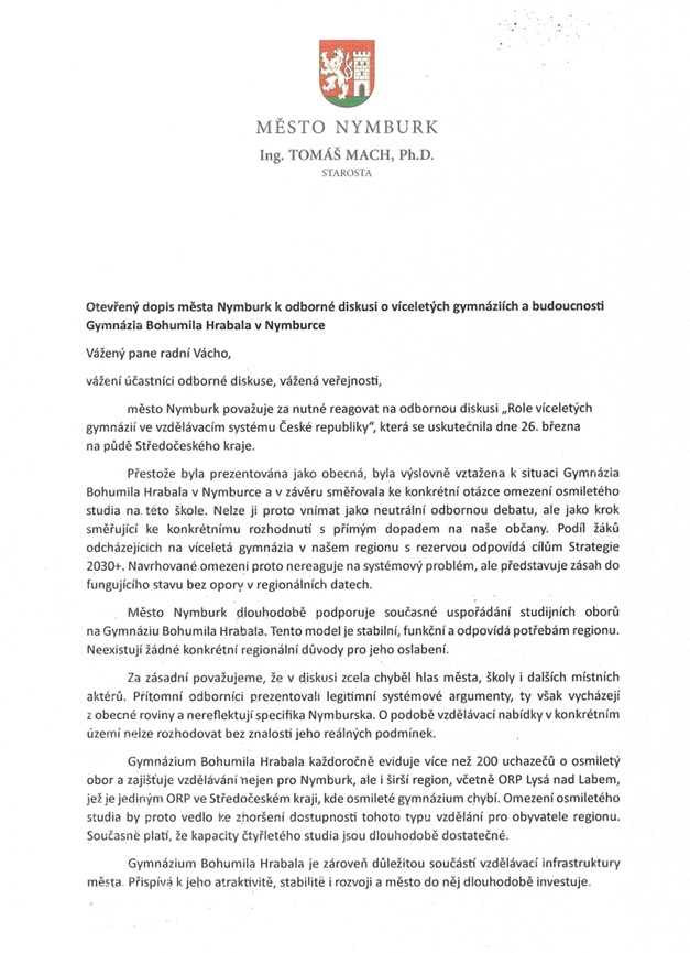 Nymburk nesouhlasí s omezením osmiletého gymnázia. Kraj vyzývá  k přehodnocení záměru