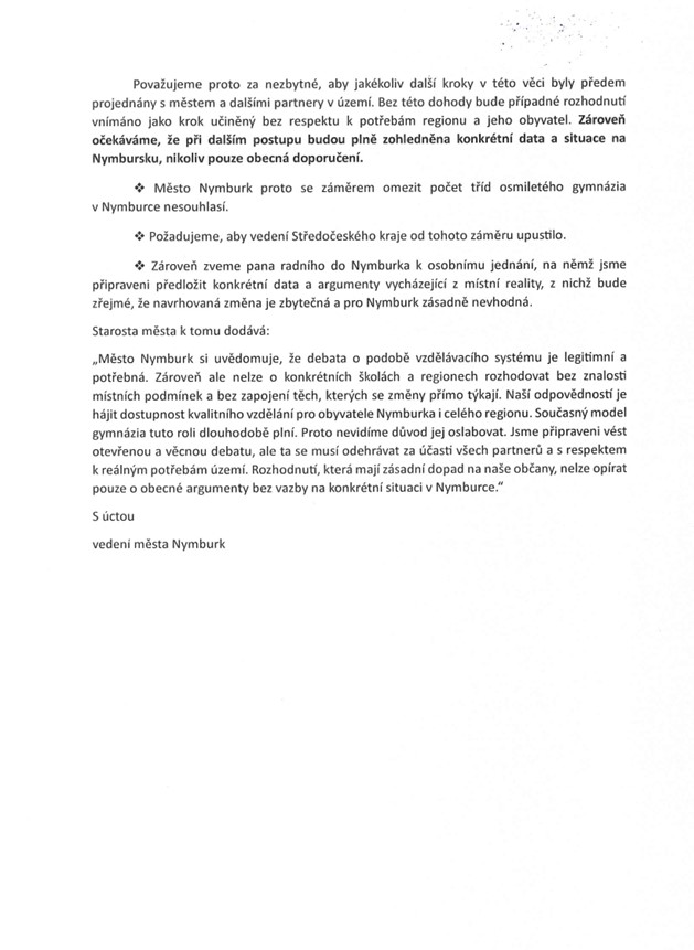 Nymburk nesouhlasí s omezením osmiletého gymnázia. Kraj vyzývá  k přehodnocení záměru