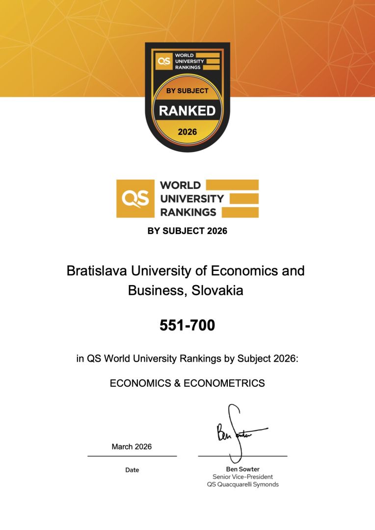 Ekonomická univerzita v Bratislave naďalej jedinou slovenskou univerzitou v elitnom QS rebríčku v odbore Economics and Econometrics