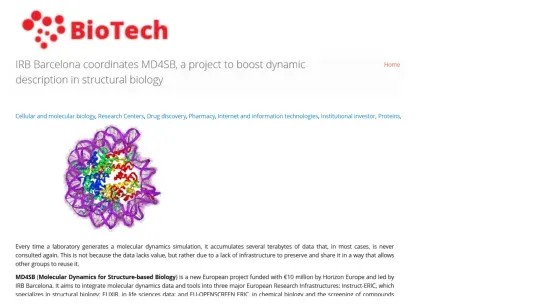 BioTech - IRB Barcelona coordinates MD4SB, a project to boost dynamic description in structural biology