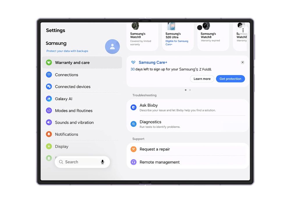 Le menu « Garantie et Care » de Samsung permet de mieux pour prendre soin de ses appareils Galaxy