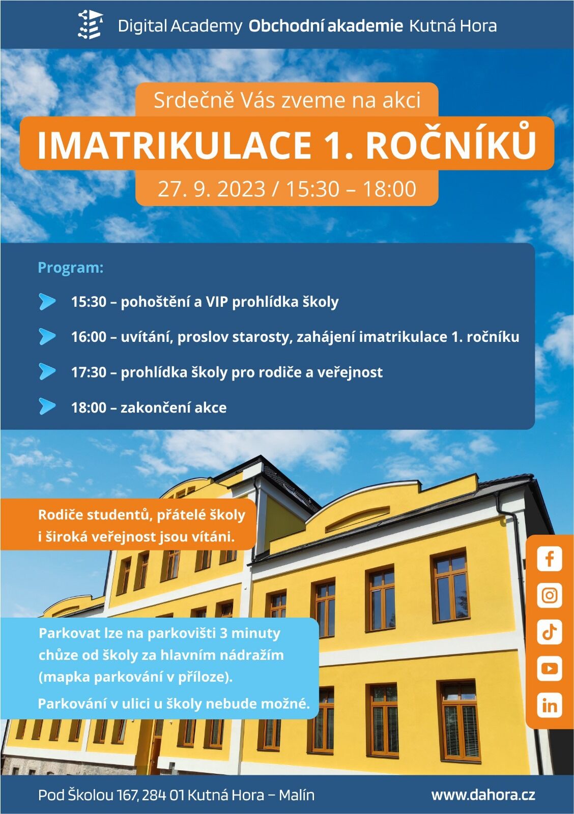 Imatrikulace studentů tří nových tříd v Digital Academy - Obchodní akademie v Kutné Hoře – Malíně.