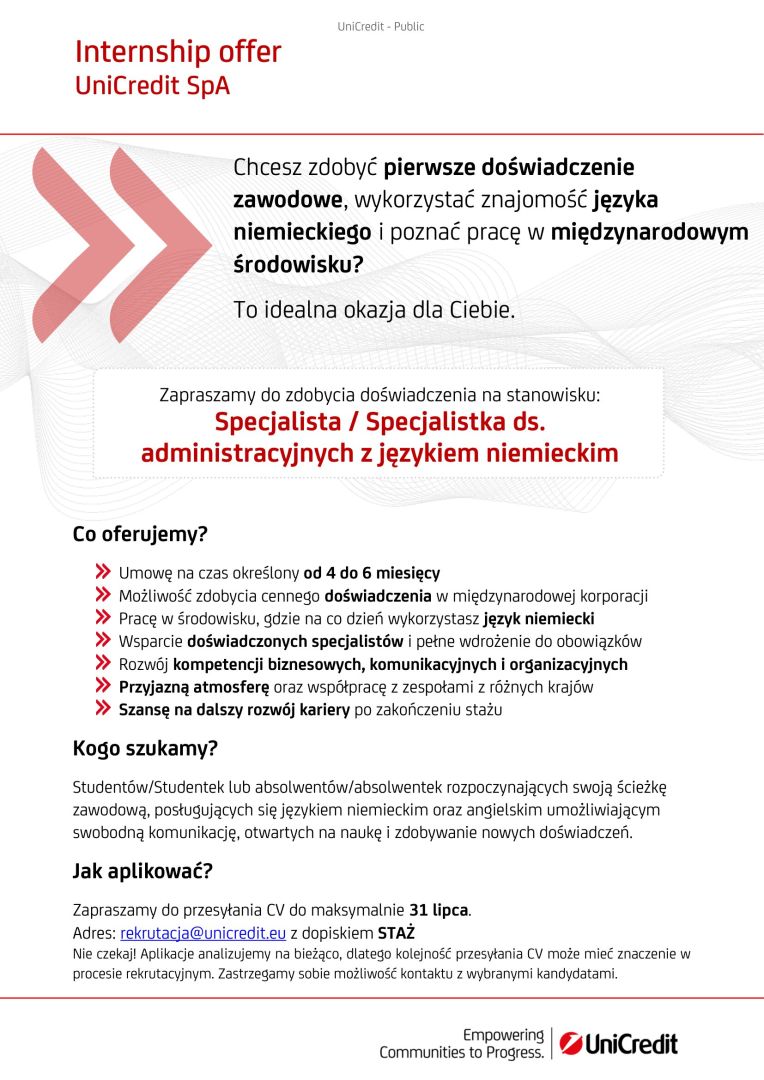 Staż w UniCredit w ramach porozumienia z Uniwersytetem Szczecińskim