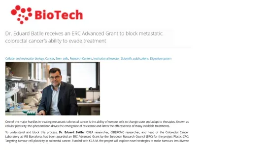 BioTech - Dr. Eduard Batlle receives an ERC Advanced Grant to block metastatic colorectal cancer’s ability to evade treatment