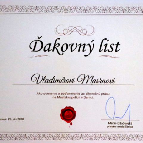 Poďakovanie Vladimírovi Masrnovi a odchod do dôchodku