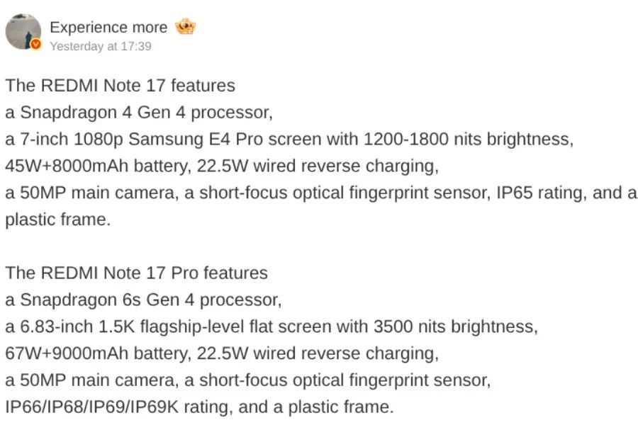 Špecifikácie Redmi Note 17 a 17 Pro unikli tesne pred oficiálnym predstavením