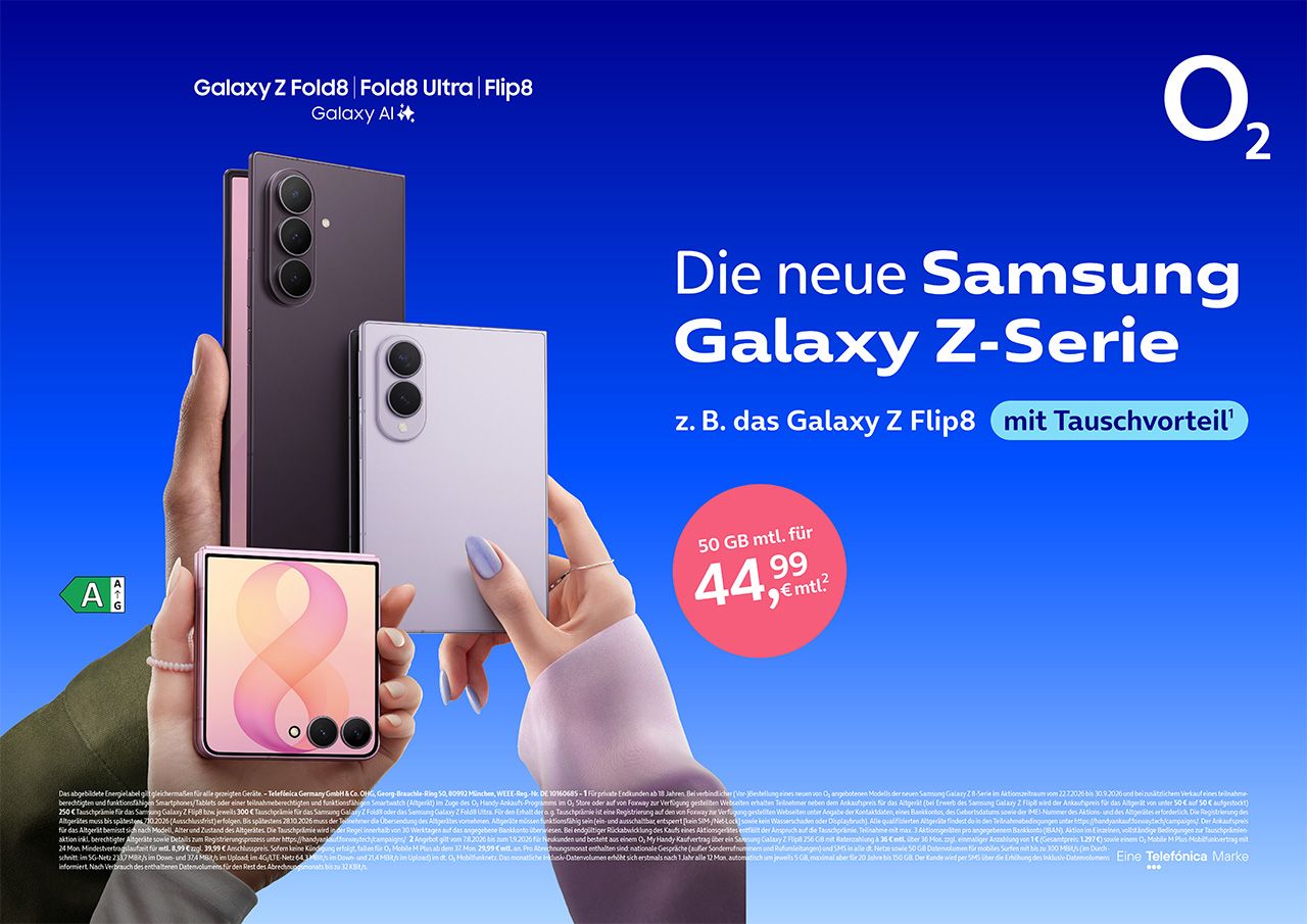 Zum Marktstart der Samsung Galaxy Z-Serie O2 zahlt 300 Euro für Altgeräte beim Kauf eines der neuen Falt-Smartphones von Samsung