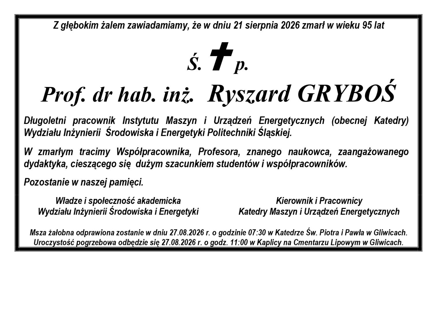 Zmarł prof. zw. dr hab. inż. Ryszard Gryboś
