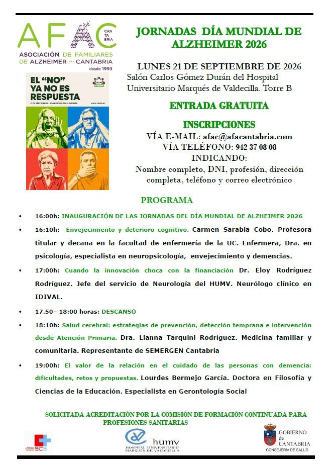 Valdecilla acogerá las Jornadas del Día Mundial de Alzheimer organizadas por AFAC el 21 de septiembre