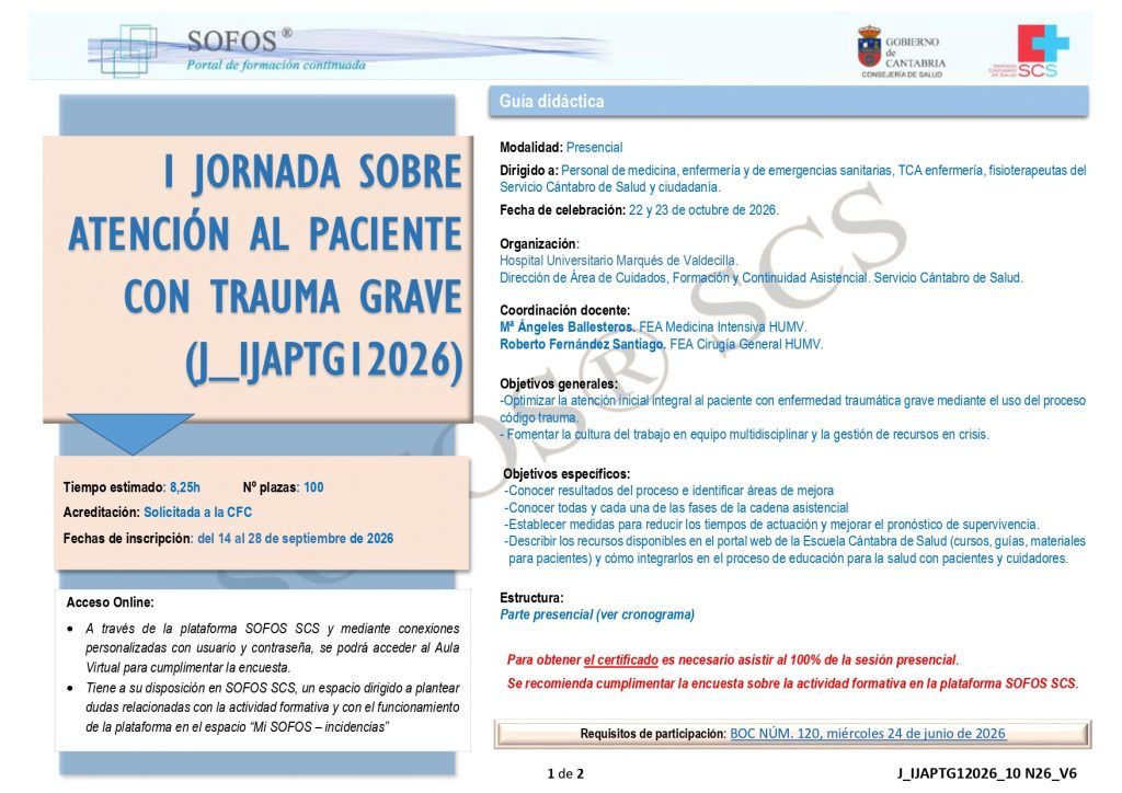 INVITACIÓN A PROFESIONALES: Abierta la inscripción a la I Jornada sobre Atención al Paciente con Trauma Grave