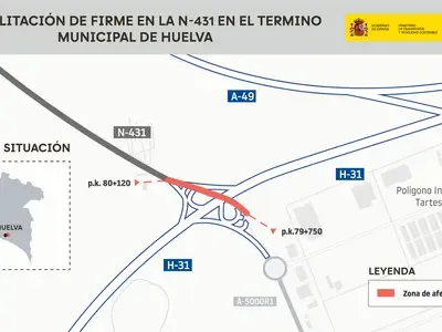 Transportes avanza en la rehabilitación de firme de la N-431 en Huelva, con un presupuesto de 1,5 millones de euros