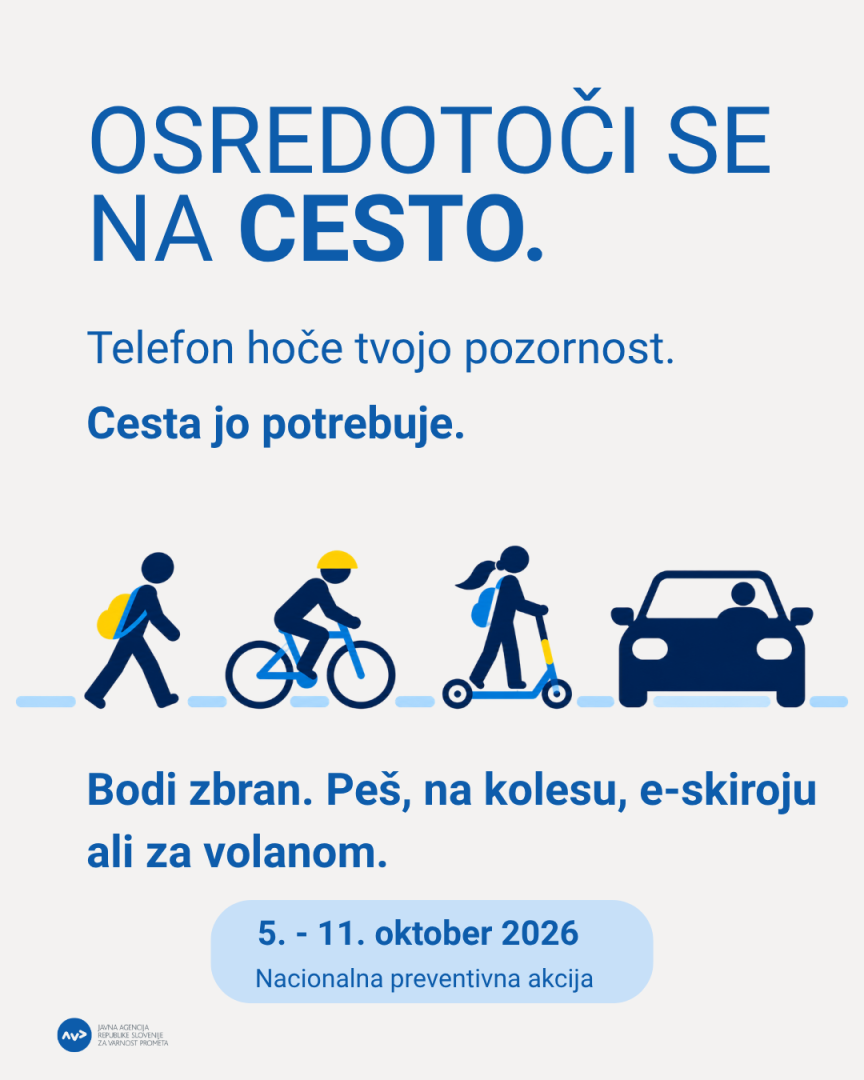 Osredotoči se na cesto. Tudi kot pešec, kolesar, voznik e-skiroja.