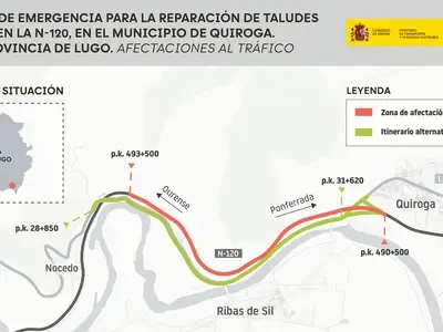 Transportes avanza en los trabajos de reparación de taludes de la N-120 a su paso por Quiroga (Lugo)