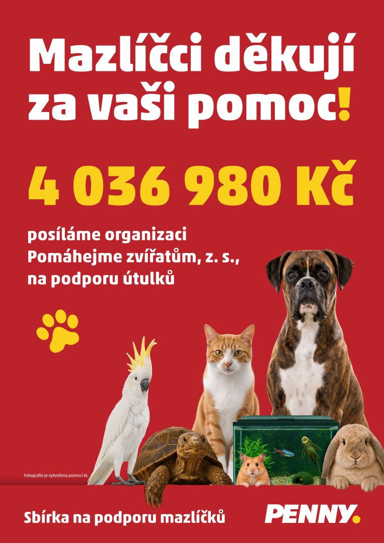 NEJÚSPĚŠNĚJŠÍ SBÍRKA V HISTORII PENNY: ŘETĚZEC DARUJE VÍCE NEŽ 4 MILIONY KORUN NA POMOC DOMÁCÍM MAZLÍČKŮM