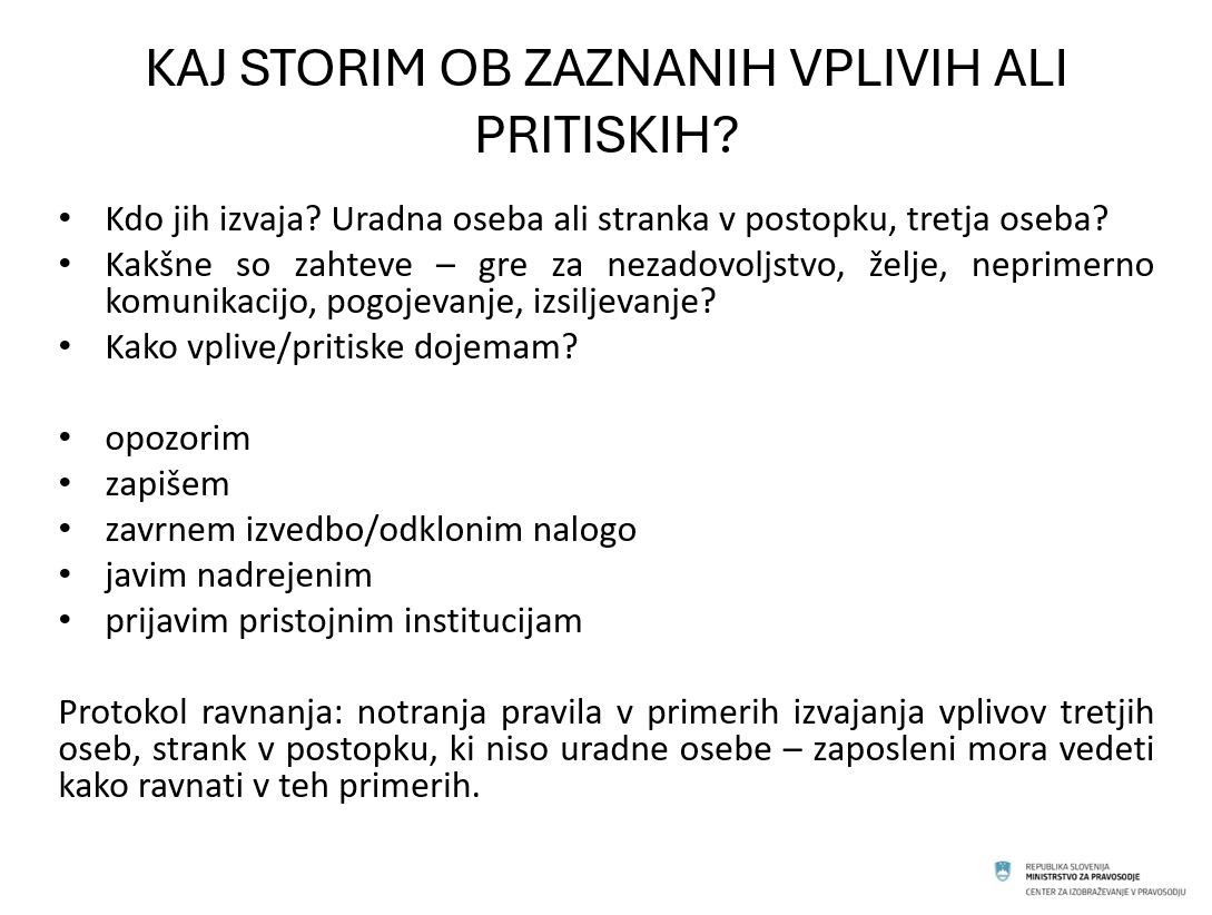 Za pravosodje in državne organe o integriteti in korupcijskih tveganjih