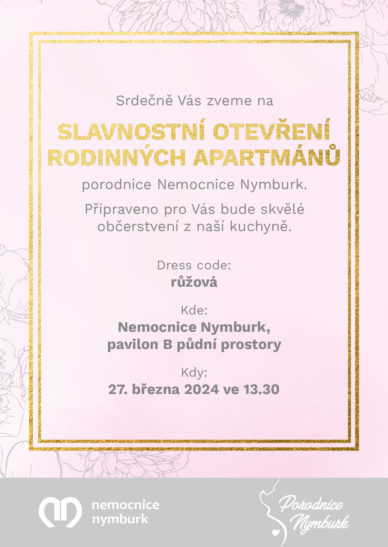Pozvánka na otevření rodinných apartmánů porodnice Nemocnice Nymburk 27.3.