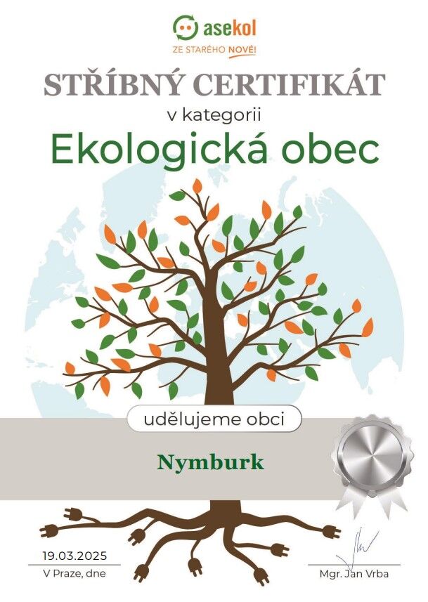 Stříbrný certifikát Ekologická obec obdrželo naše město
